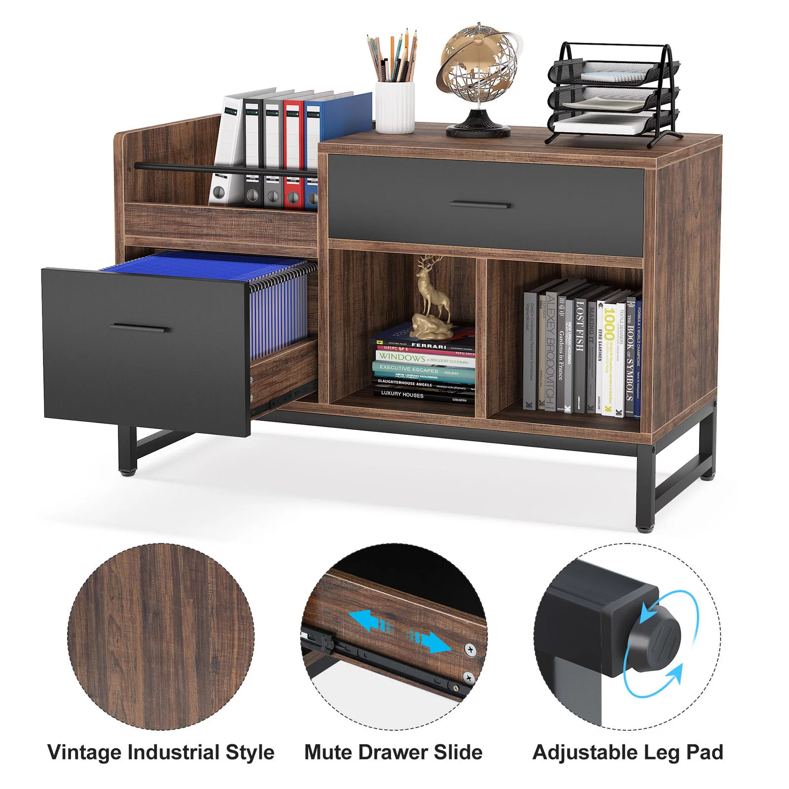 2 Drawers Lateral File Cabinet Rustic Wood Printer Stand with Open Storage Shelves