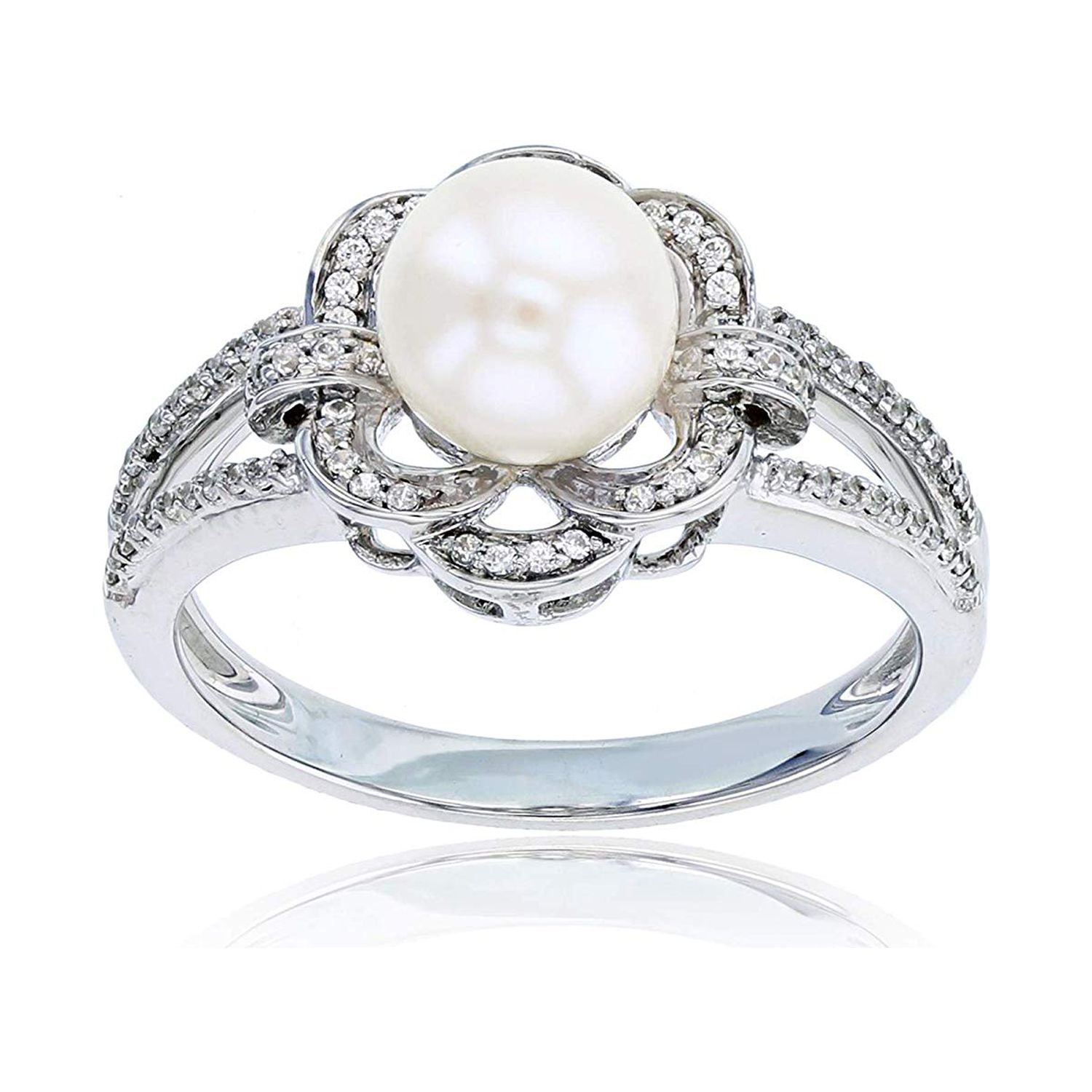 Sterling Silver Rhodium 0.16 CTTW Diamond & Pearl Flower Ring