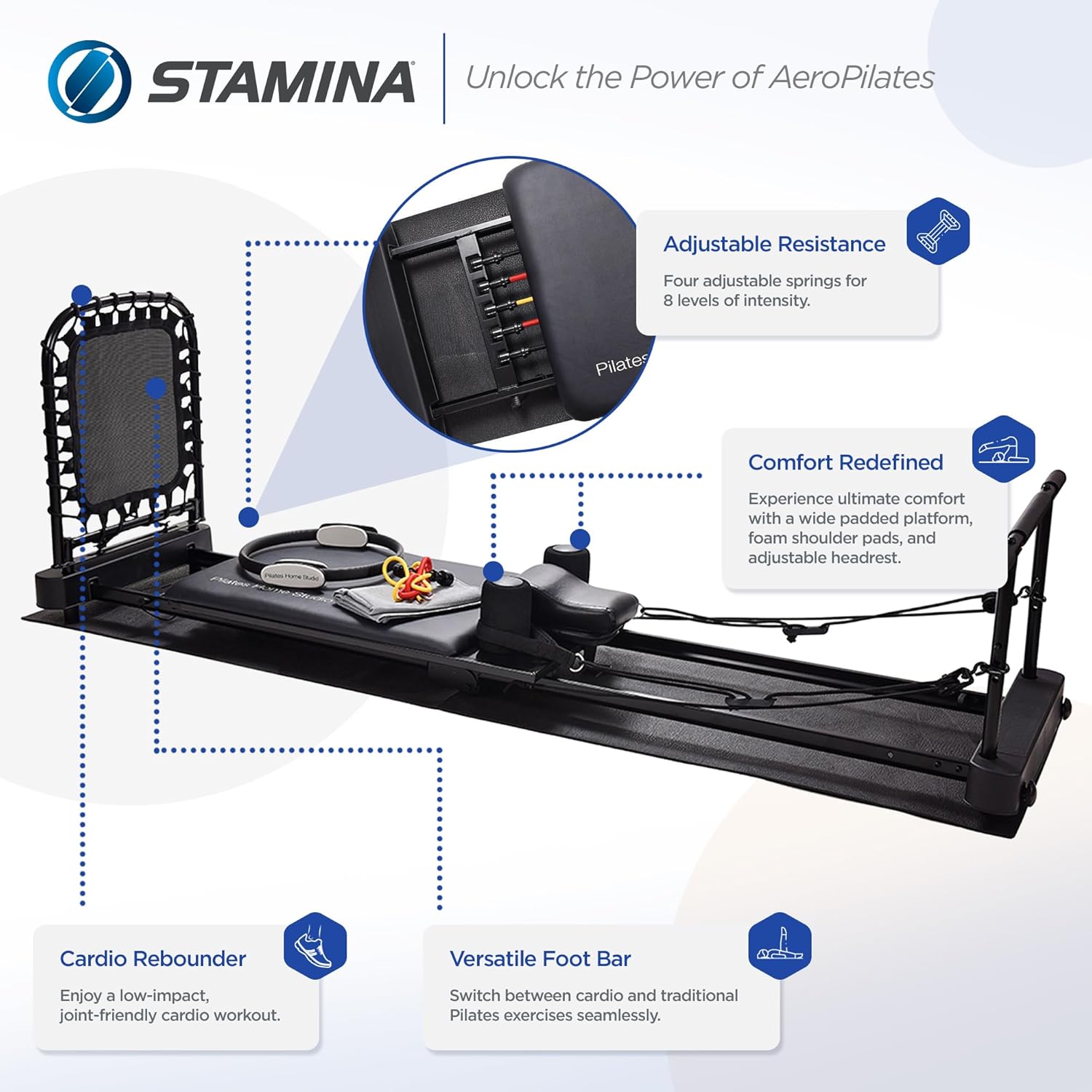Stamina Products Pilates Home Studio Foldable Reformer, Complete Workout System for Fitness Enthusiasts, All in One Pilates Experience, Black