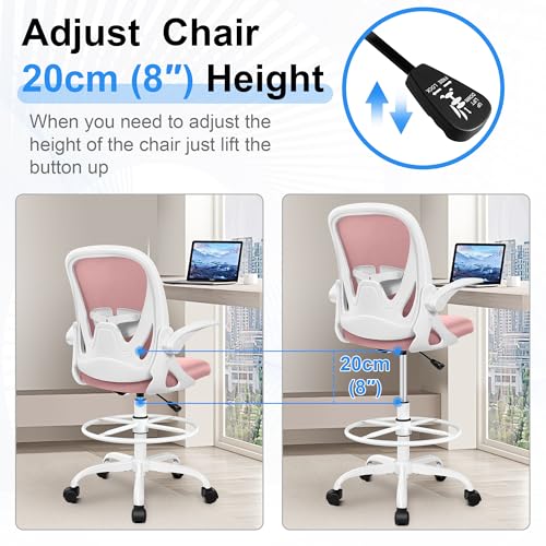 Primy Drafting Chair Tall Office Chair with Flip-up Armrests Executive Ergonomic Computer Standing Desk Chair with Lumbar Support and Adjustable