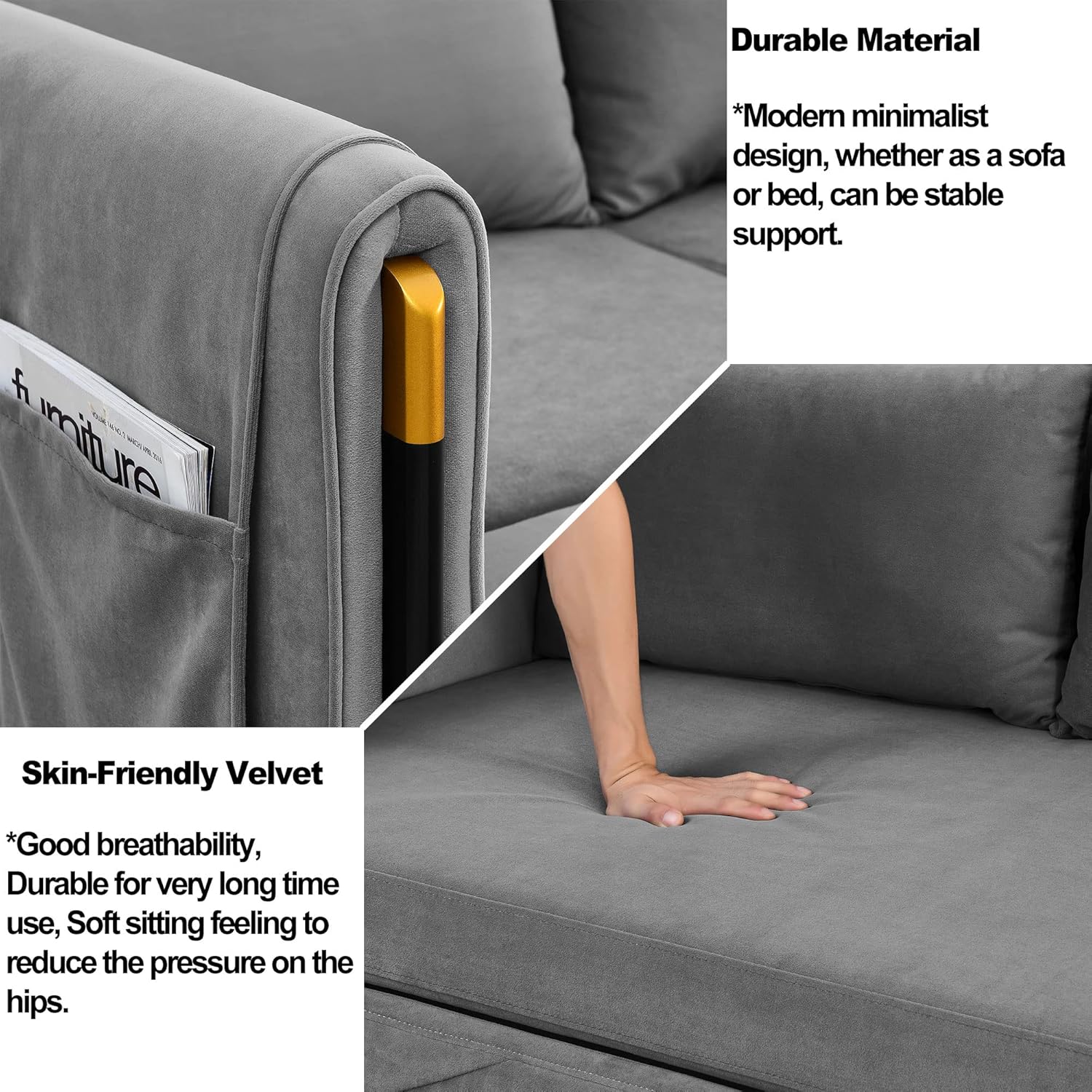 54" Velvet Loveseat, Modern Convertible Sofa Detachable Arm Pockets