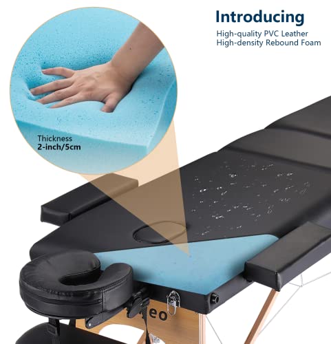 Portable Massage Table Massage Bed Professional SPA Reiki Eyelash Salon Bed, Wooden Frame Height Adjustment & Accessories, Black (3-Section)