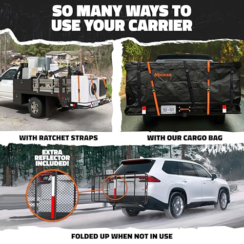 Mockins XXL 70"x30"x6" Folding Trailer Hitch Cargo Carrier Set w/License Plate Bracket | 500 Lbs Cap Steel Luggage Rack for SUV