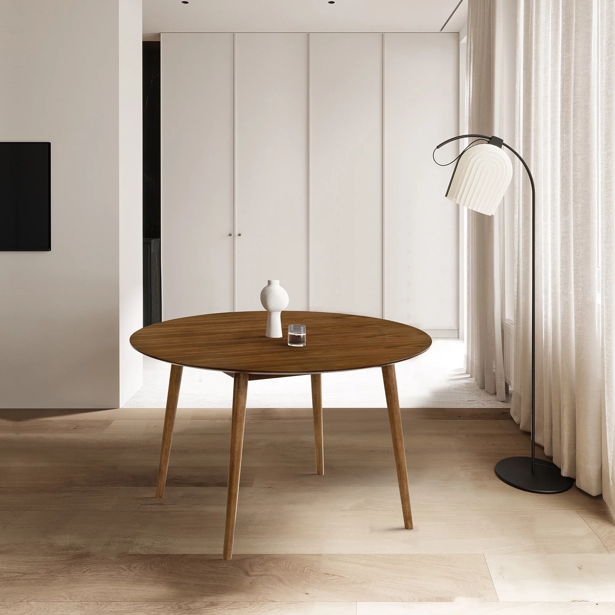 Armen Living Arcadia 48" Round Modern Wood Dining Table in Walnut