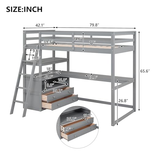 Full Size Loft Bed with Desk & Wardrobe, Solid Wood Kids Loft Bedframe w/3 Storage Drawers & 2 Shelves, Maximum Space Design, for Bedroom, Dorm, Gray