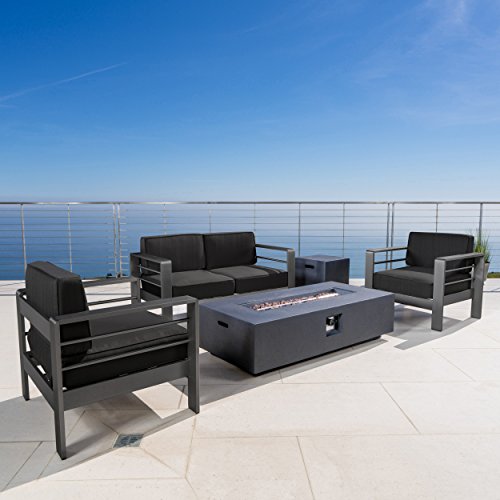 GDFStudio Coral Bay Outdoor Grey Aluminum 5 Piece Loveseat Chat Set with Fire Table (Dark Grey)