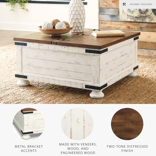 Signature Design by Ashley Valebeck Farmhouse Lift Top Coffee Table with Storage, Distressed Brown & Black Finish