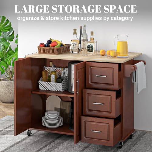 Rovibek Kitchen Island with Drawers 53 in Rolling Island Cart Mobile Solid Wood Portable Islands on Wheels with Storage Cabinet & Drawers, White