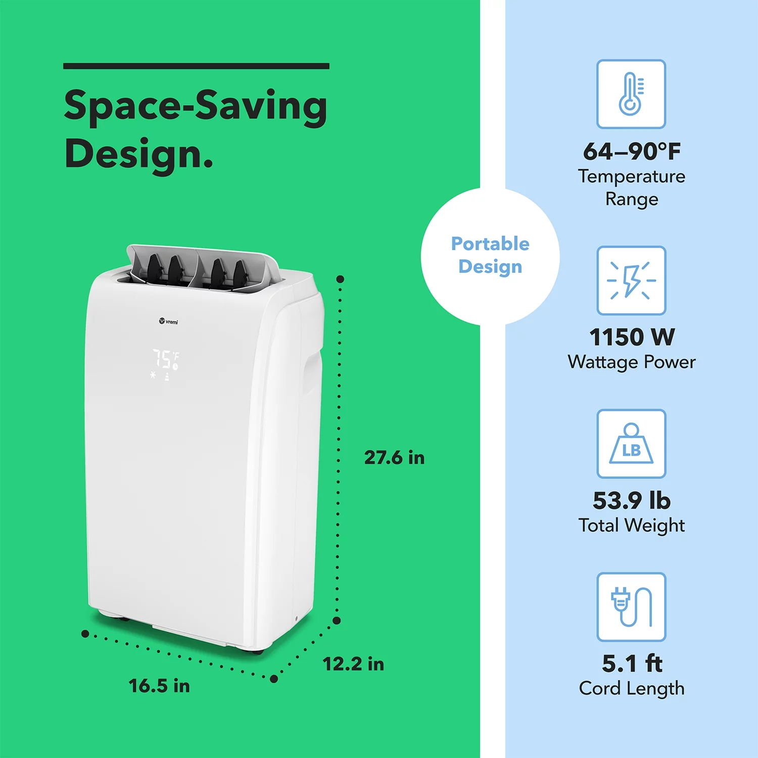 Vremi 10000 BTU Portable Air Conditioner - Easy to Move AC Unit for Rooms up to 250 Sq Ft - with Powerful Cooling Fan, Reusable Filter
