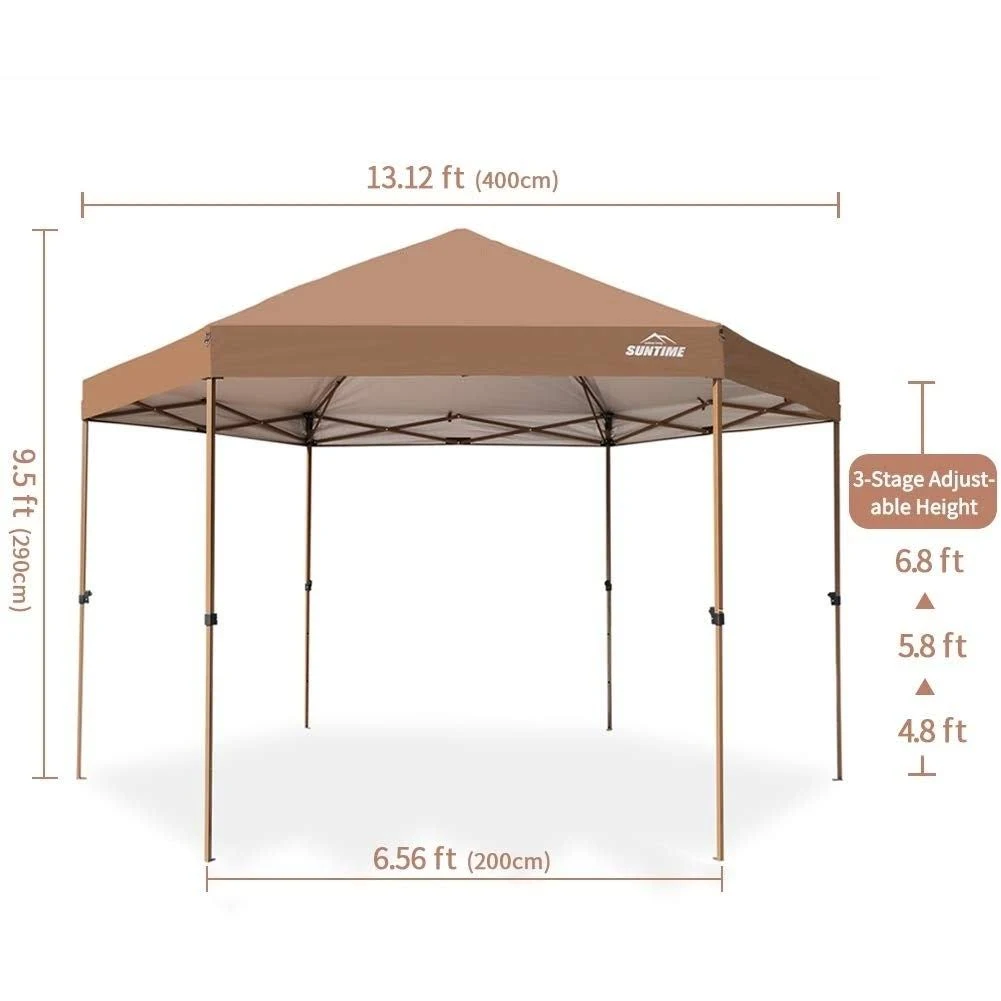 Outdoor Patio Hexagon Gazebo, Pop Up Instant Canopy, Garden Backyard Party Tent with Sidewalls(6.6& x 9.2&), Coffee Brown - Beig