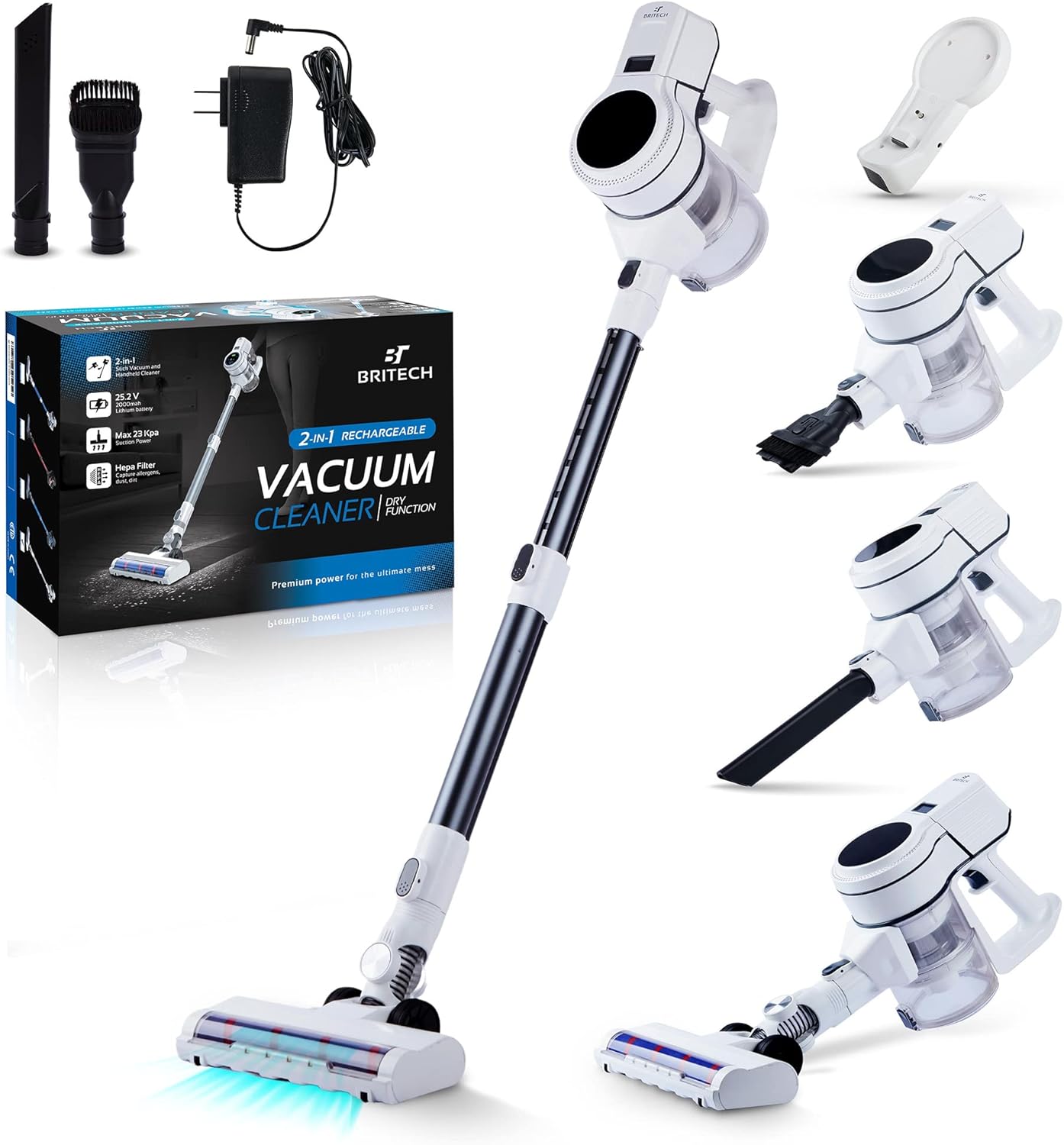 Britech Cordless Lightweight Stick Vacuum Cleaner, 250W Motor for Powerful Suction 30min Runtime, LED Display Screen & Headlights