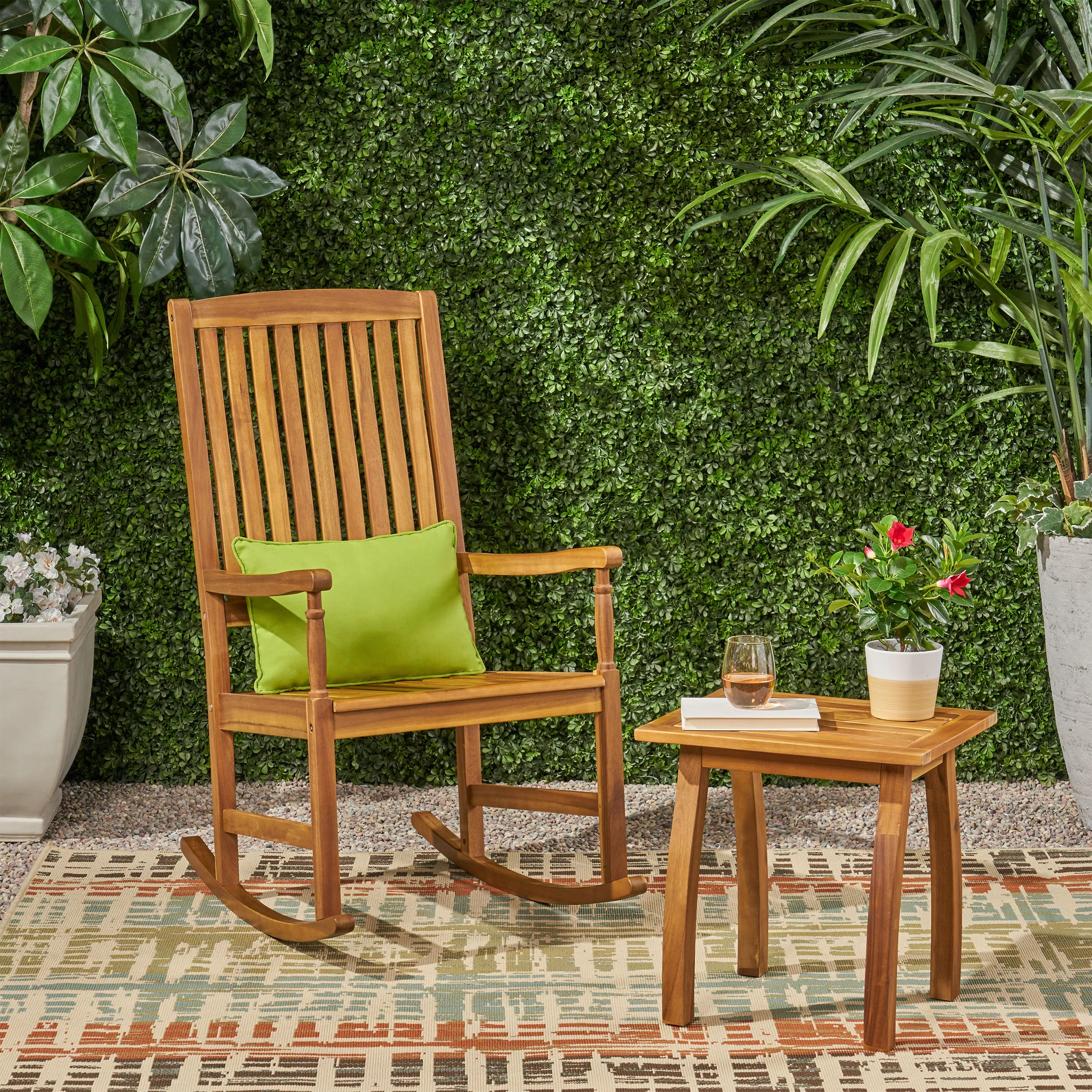Noble House Arcadia Outdoor Acacia Wood Rocking Chair and Side Table Set Teak