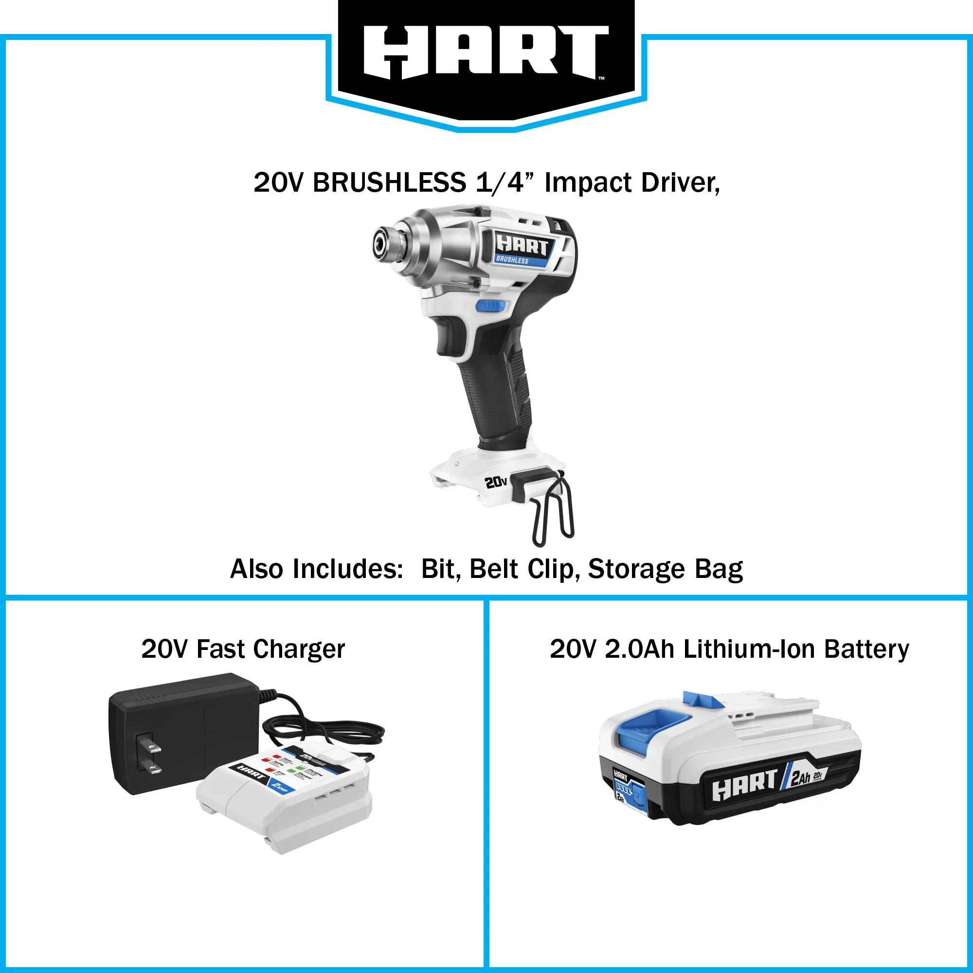 HART 20-Volt Cordless Brushless Impact Driver Kit, Gen 2