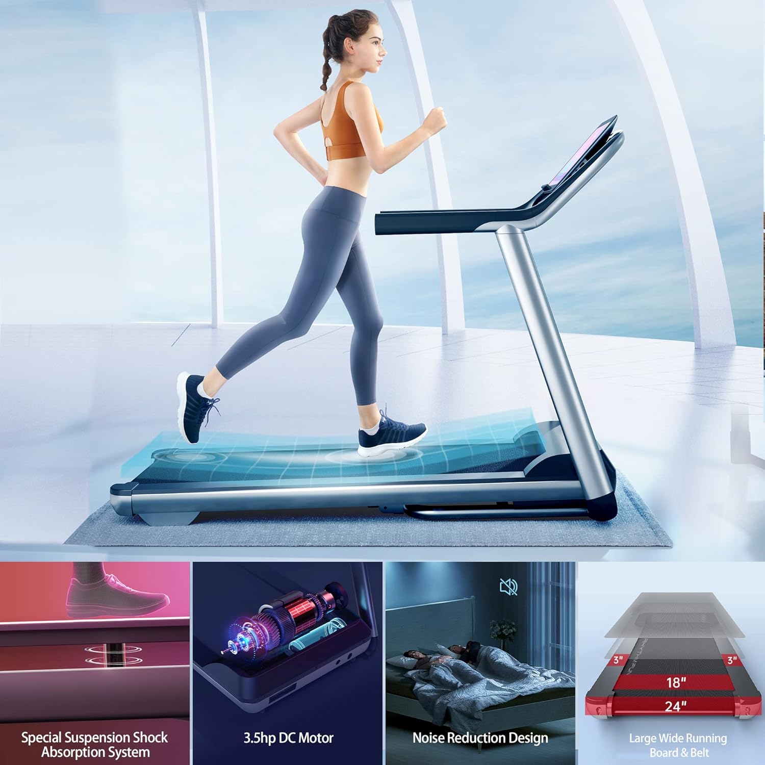 RHYTHM FUN Treadmill Folding Treadmill with Incline 3.5HP Electric Motorized Treadmill Super Shock-Absorbing Quiet Foldable Treadmill with Speaker