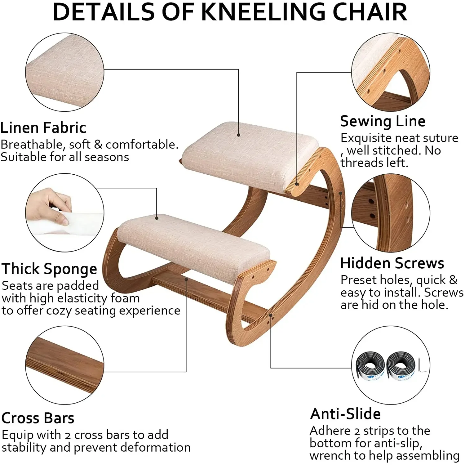 Masslatie Ergonomic Rocking Wooden Kneeling Chair Stool Correct Posture Computer Chair Original Home Office Furniture Thick Cushion,White oak frame