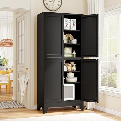 75.2" Tall Metal Pantry Cabinet, Storage Cabinets with 4 Door and 4 Adjustable Shelves, Black Kitchen Pantry Storage Cabinet