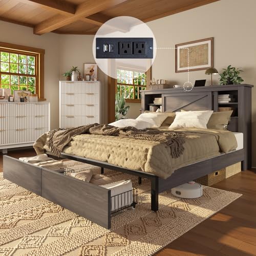 AMERLIFE 47.2" H King Bed Frame with Hidden Space Bookcase Headboard and Charging Station, Beds with 2 Storage Drawers and Wood Slats