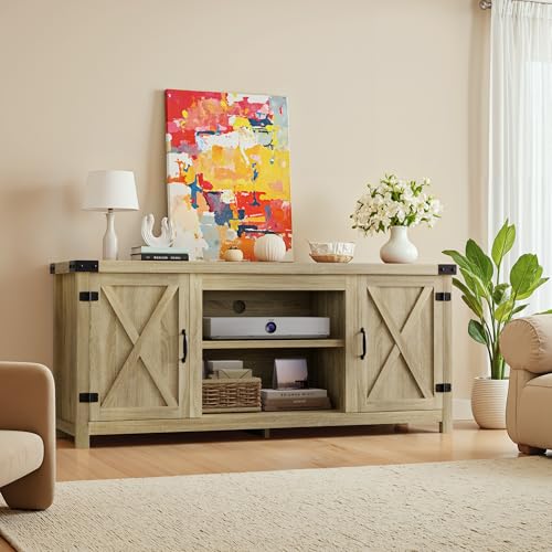 YESHOMY Modern Farmhouse TV Stand with Two Barn Doors and Storage Cabinets for Televisions up to 65+ Inch, Entertainment Center Console Table