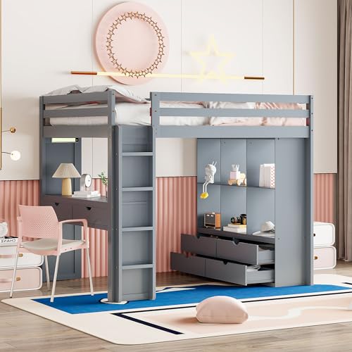 Full Size Loft Bed with Desk & Wardrobe, Solid Wood Kids Loft Bedframe w/3 Storage Drawers & 2 Shelves, Maximum Space Design, for Bedroom, Dorm, Gray