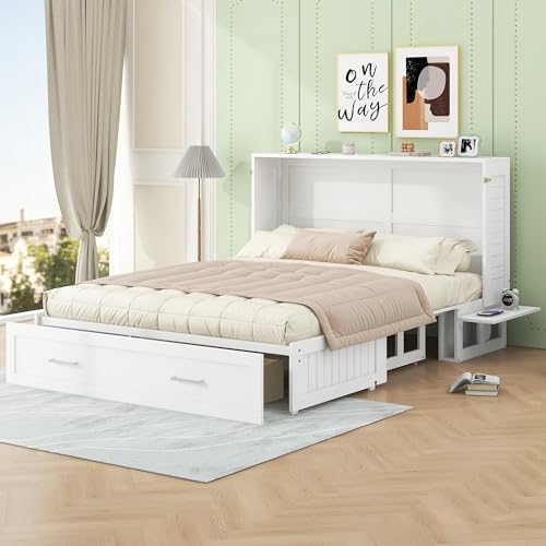 Queen Size Farmhouse Murphy Bed Cabinet with Charging Station, Foldable Platform Bed Frame with 2 Storage Drawers