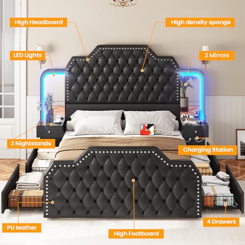 Itaar Queen Bed Frame with 53" Tall Headboard and 4 Storage Drawers, PU Leather Upholstered Platform Bed Frame, Built in Charging Station & Led
