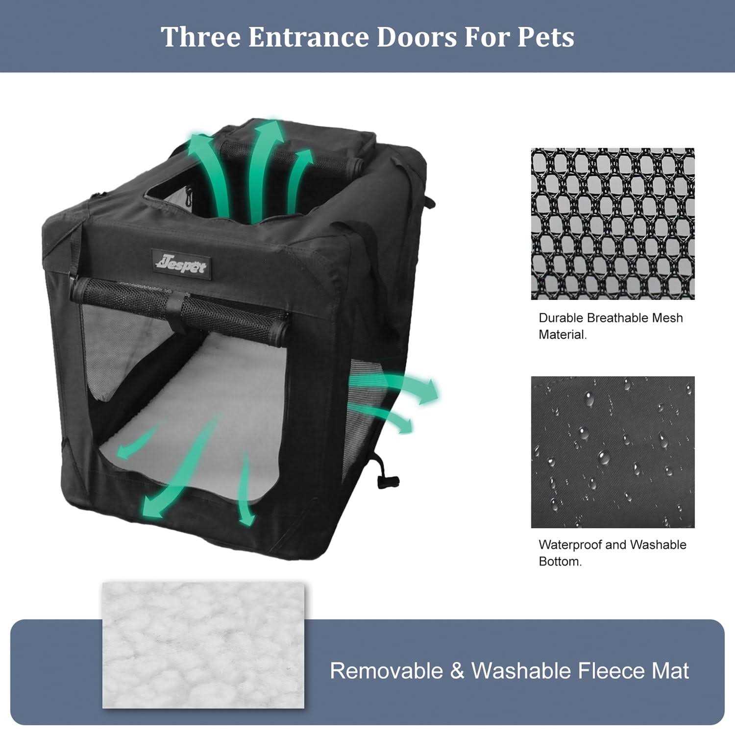 Jespet 3-Door Collapsible Soft-Sided Dog Crate - Pet Supplies online store