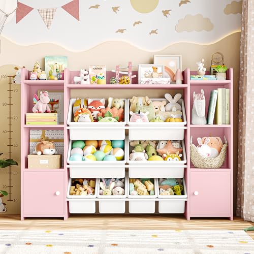 FOTOSOK 55''Large Toy Storage Organizer with 8 Toy Bins, Toy Organizers and Storage with Shelf and 6 Storage Cubbies, Bookshelf for Kids