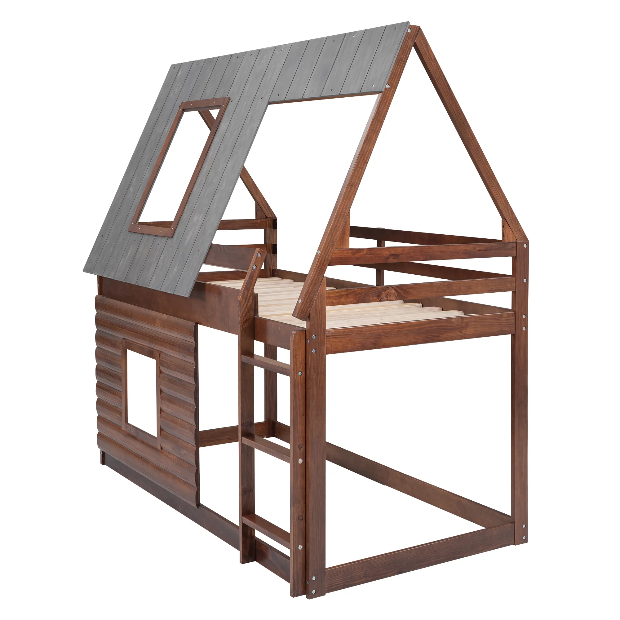 EUROCO Twin over Twin House Bunk Bed with Roof for Kids Bedroom, Grey