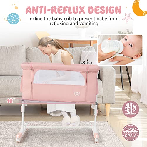 BABY JOY Bassinet Bedside Sleeper, 3 in 1 Folding Crib w/Adjustable Height, Mattress, Lockable Wheels, Storage Pocket & Carry Bag for Infant Newborn