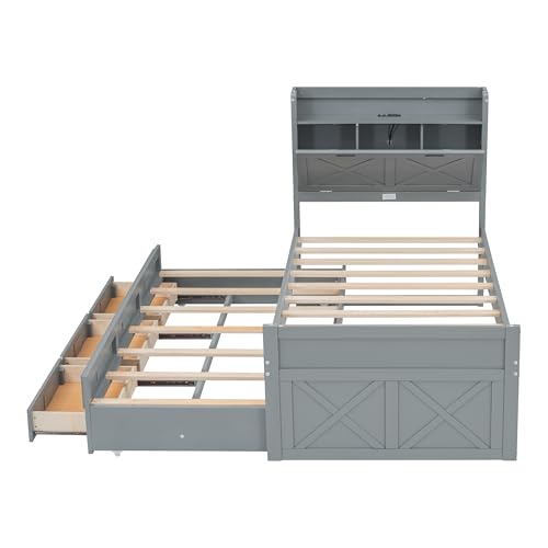 Harper & Bright Designs Twin Size Captain Platform Bed with Bookcase Headboard, Wood Twin Bed Frame with Storage Drawers and Shelves