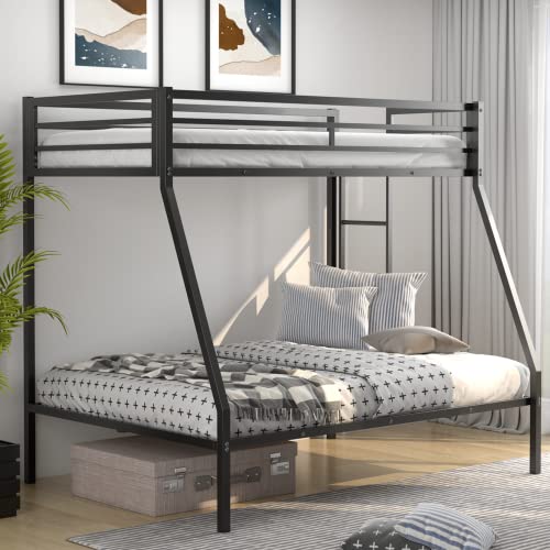 KOMFOTT Twin Over Full Bunk Bed with Trundle, Heavy-Duty Metal Bunk Bed Frame with Guardrail & 2 Ladders, Space-Saving Bunk Bed for Kids/Teens/Adults