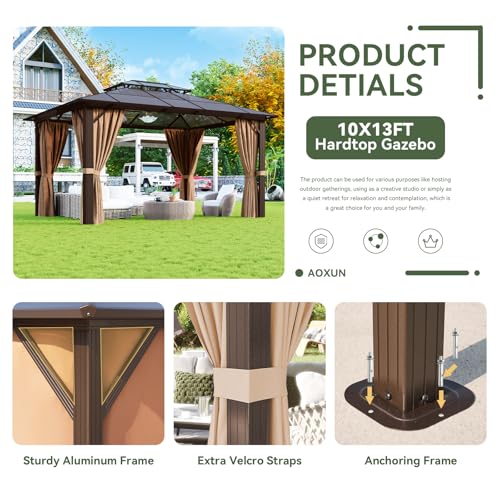 Aoxun 12'x10' Hardtop Gazebo, Aluminum Frame Permanent Pavilion with Curtains and Netting, Outdoor Polycarbonate Double Roof Canopy