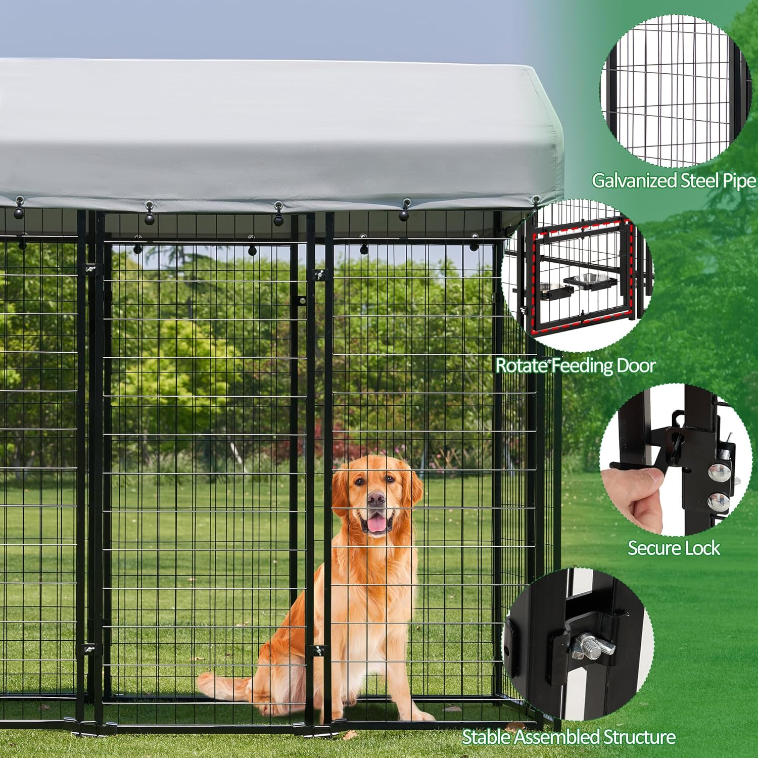 Large Dog Kennel Outdoor Dog House, Heavy Duty Welded Wire Steel Fence Dog Cage with Waterproof UV-Resistant Cover
