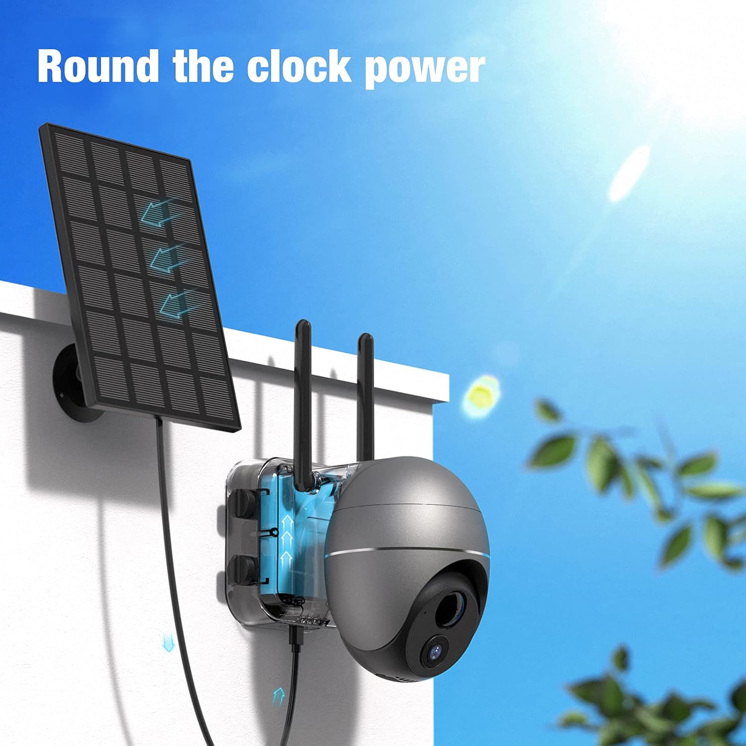 Wireless Security Camera Outdoor, Solar Powered WiFi Cam with 15000mAh Rechargeable Battery, PIR Motion Detection, 355° Rotation, IP65 Waterproof