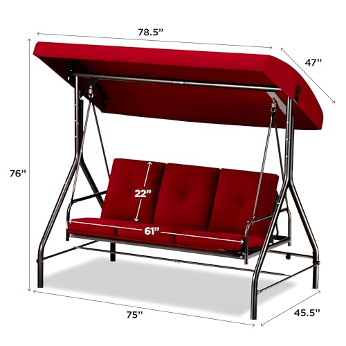 Porch Swing - 3-Seat Patio Outdoor Swing with Canopy for Adultes, Convertible Glider Bed, Thick Removable Cushions & Pillows for Backyard, Porch