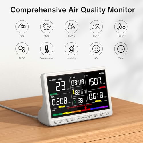 16 in 1 Air Quality Monitor Indoor 7" Display 9 AQI+7 AQI Alerts Air Quality Meter for CO2, TVOC, PM2.5 PM1.0 PM10, HCHO