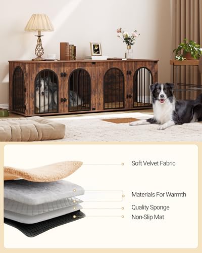 71" Dog Crate Furniture for 2 Dogs, Heavy Duty Indoor Dog Kennel TV Stand, XXL Wooden Dog Cage with Divider for Medium Large Dogs