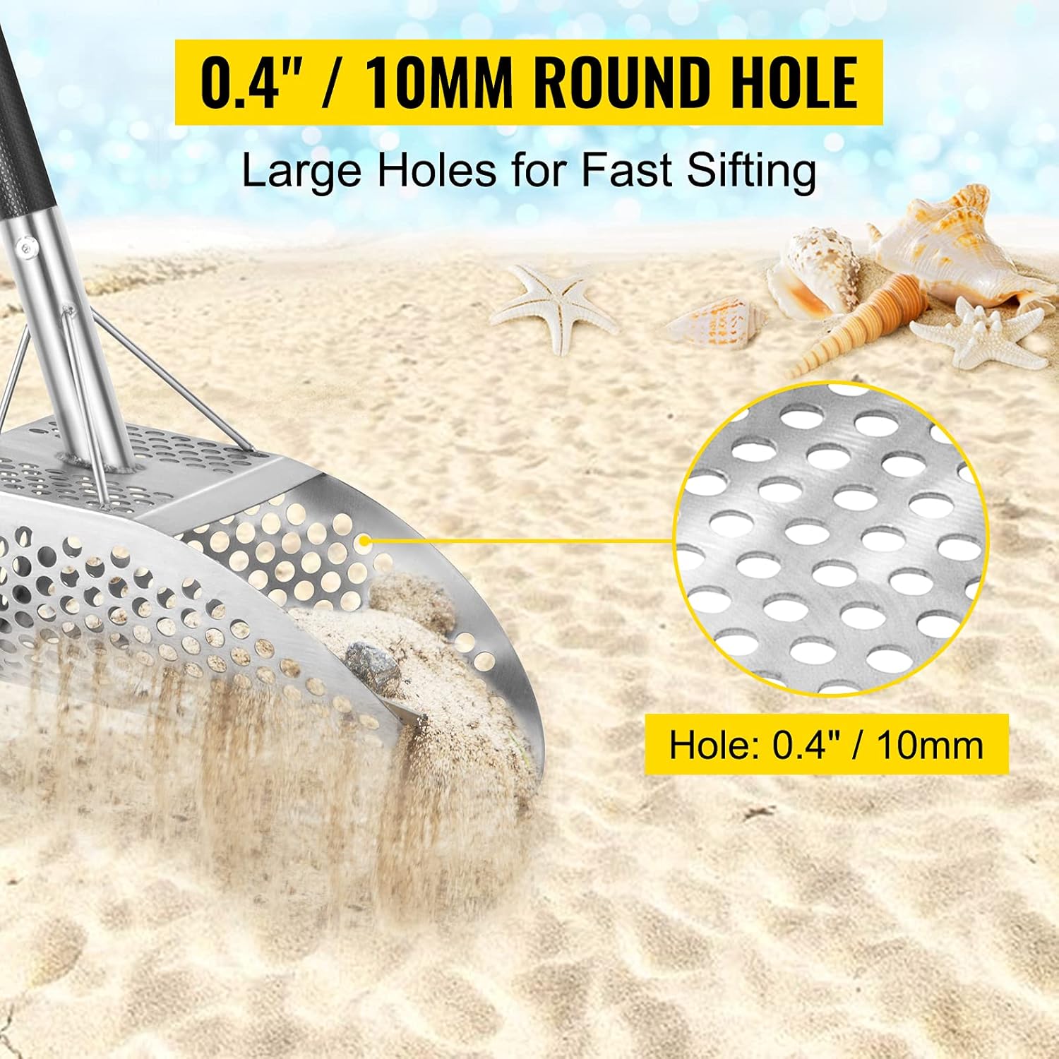 VEVOR Sand 10 MM Hole Detector Shovel Stainless Steel Metal Detecting Beach Scoops, Silver