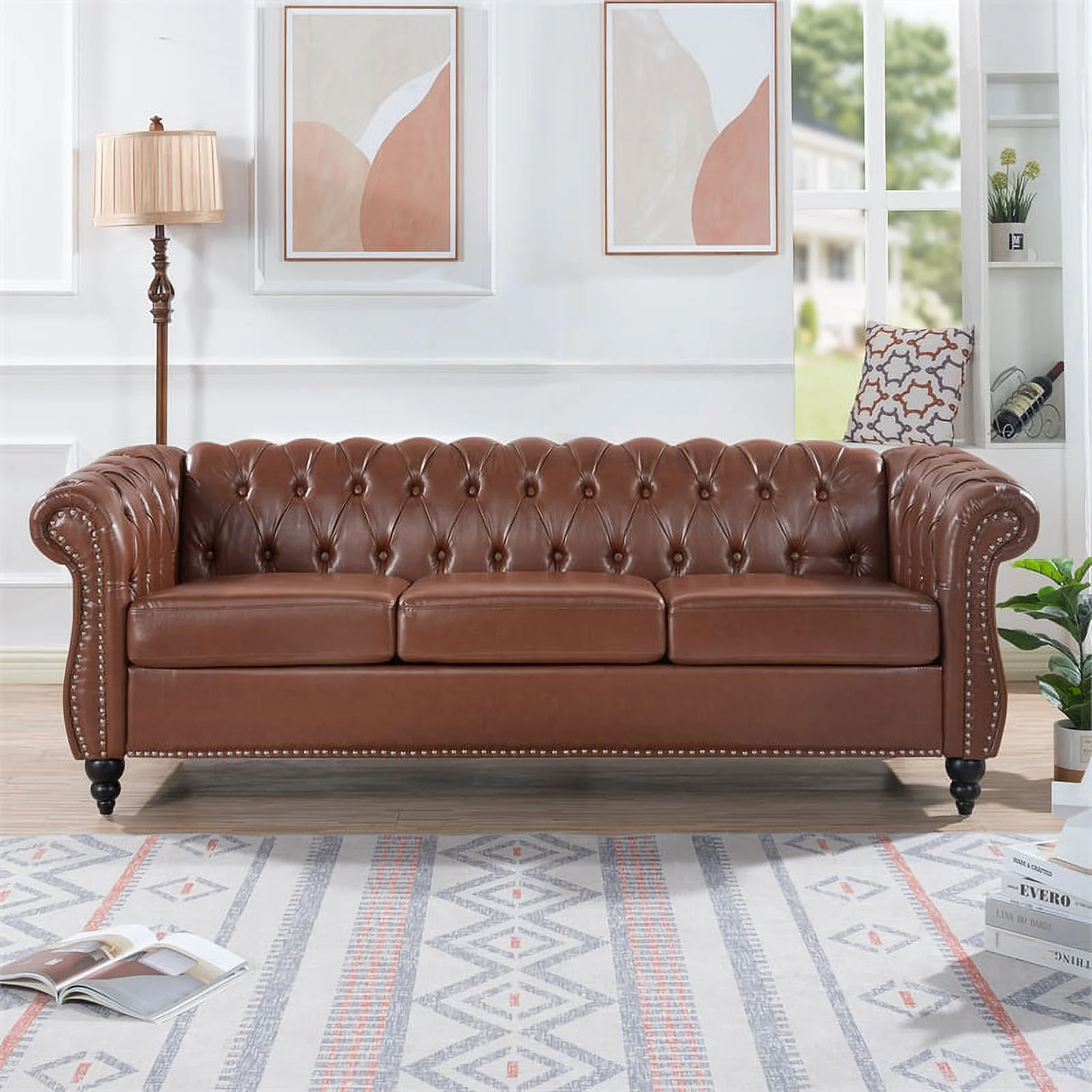 CRO Decor 84' BROWN PU Rolled Arm Chesterfield Three Seater Sofa-Brown