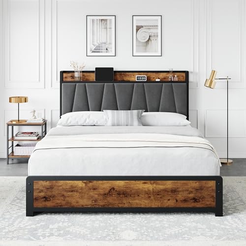 GAOMON Full Size Bed Frame with 4 Storage Drawers and Linen Upholstered Headboard, Full Platform Bed Frame with Charging Station