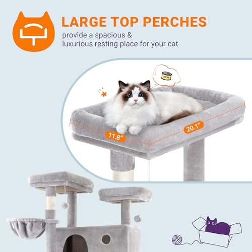 Allewie 81 Inches Tall Cat Tree/Multi-Level Large Climbing Tree House and Towers for Big Feline/Condo and Hammock/Scratching Post/Wide Base/Dark Grey