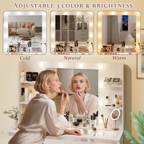 Makeup Vanity with Lights 3 Colors, Glass Top Vanity Desk with 7 Lighted Drawers, 4 Shelves, Power Outlet, Makeup Desk with Mirror for Bedroom