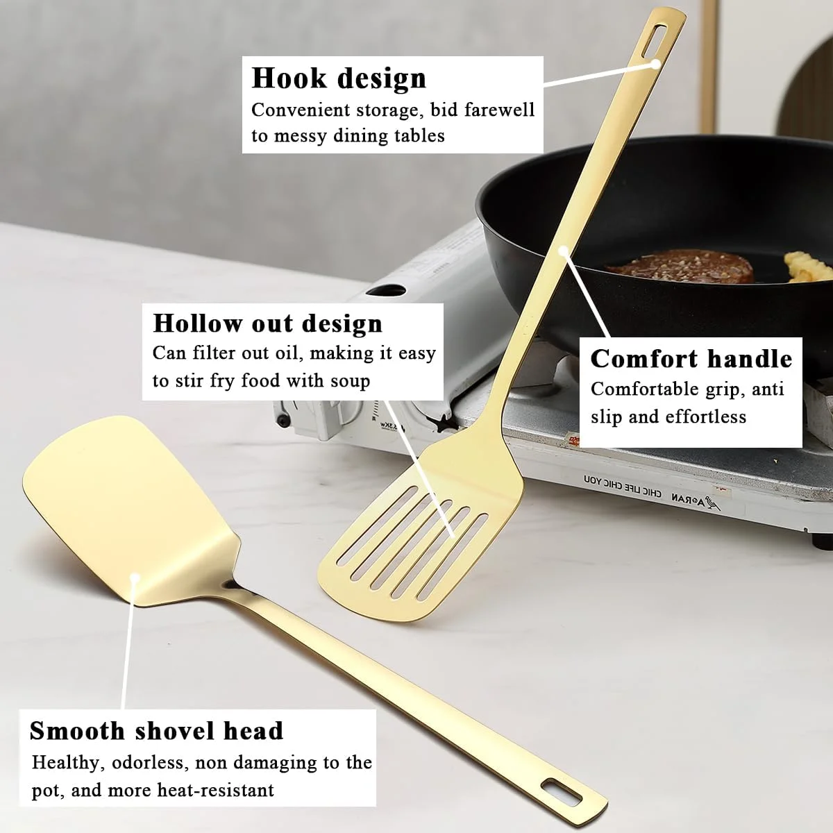 Gold Kitchen Utensils Set 6pcs, Titanium Plating Stainless Steel Cooking Utensils Set, Heavy Duty Kitchen Tools Spatulas Set