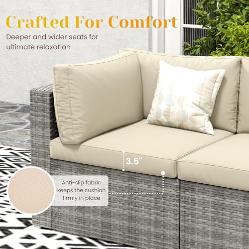 7 Pieces Outdoor Patio Furniture Sets with Glass Tea Table, PE Rattan Wicker Patio Conversation Set with Washable Cushions
