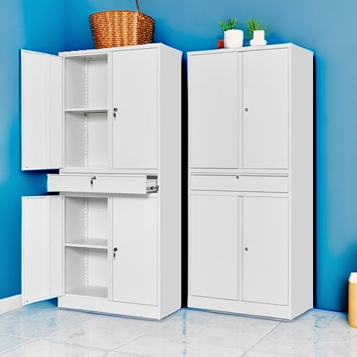 Letaya Metal Garage Storage Cabinet with Drawer,4 Door Tool Cabinet with Lock-2 Adjustable Shelves for Garage Home Office Utility Room (Black)