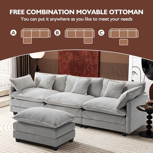 Ihanherry 111.4" U Shaped Modern Cloud Sofa Modular Sectional Couch with 2 Ottoman, 5-Seat Chenille Deep Seat Sofa with Pillow for Living Room