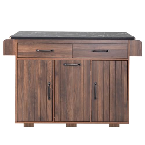 Ball & Cast Farmhouse Kitchen Island with Drop Leaf & Barn Door,Rolling Kitchen Cart on Wheels with Power Outlet,3 Large Drawers