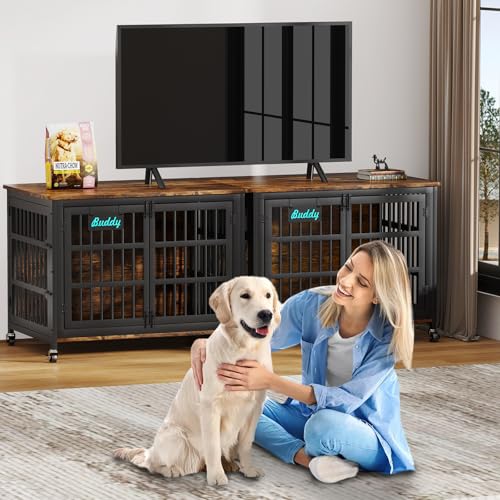 EasyCom 48"/42"/33" Dog Crate Furniture with Name Tag, Heavy Duty Dog Kennel Indoor for Large Dogs