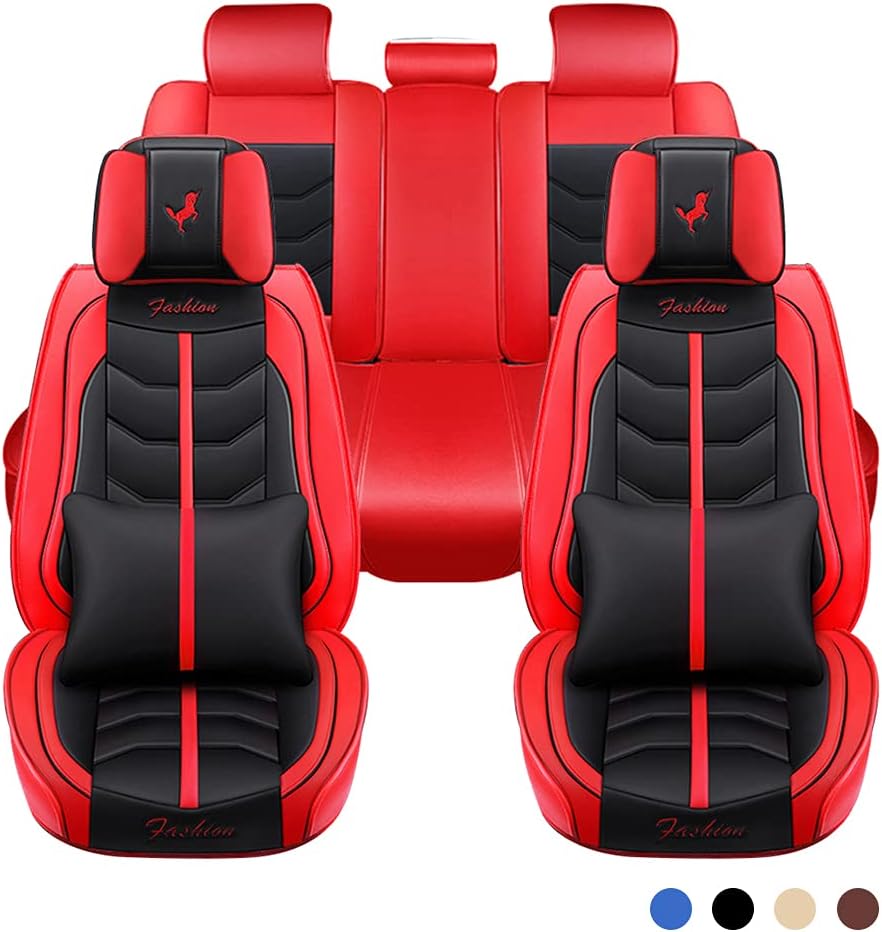 Fly5D Red Car Seat Covers Full Set with Waterproof Deluxe Leather,Airbag Compatible Automotive Vehicle Cushion Cover Universal fit for Most Cars