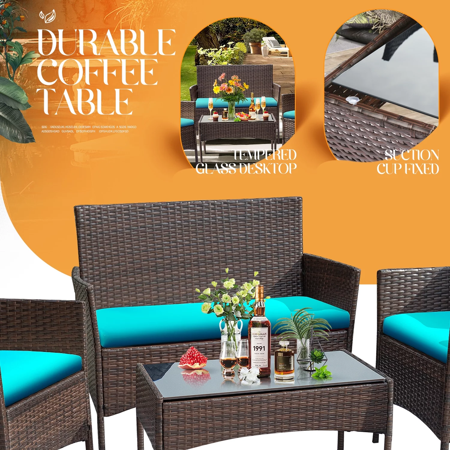 Lacoo 4 Piece Outdoor Patio Furniture PE Rattan Wicker Table and Chairs Set with Cushions, Blue